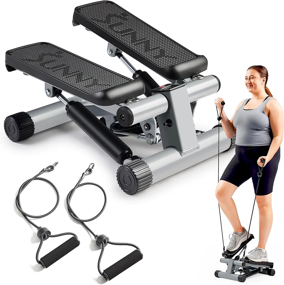 Compact Black and Silver Stepper with Resistance Bands